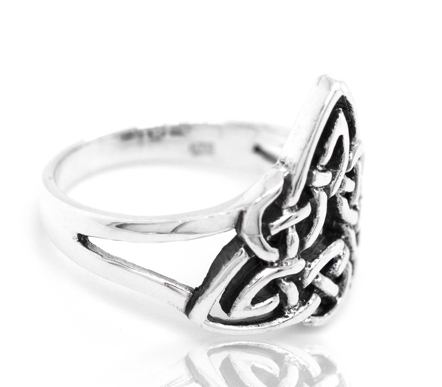 
                  
                    Stylish Triangle Shape Celtic Knot Design Ring in sterling silver perfect for everyday wear or a stylish night-out by Super Silver.
                  
                