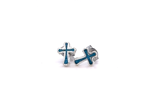 A pair of Simple Cross Studs with Inlaid Turquoise made with Sterling Silver, featuring a delicate cross design and vibrant blue enamel from Super Silver.