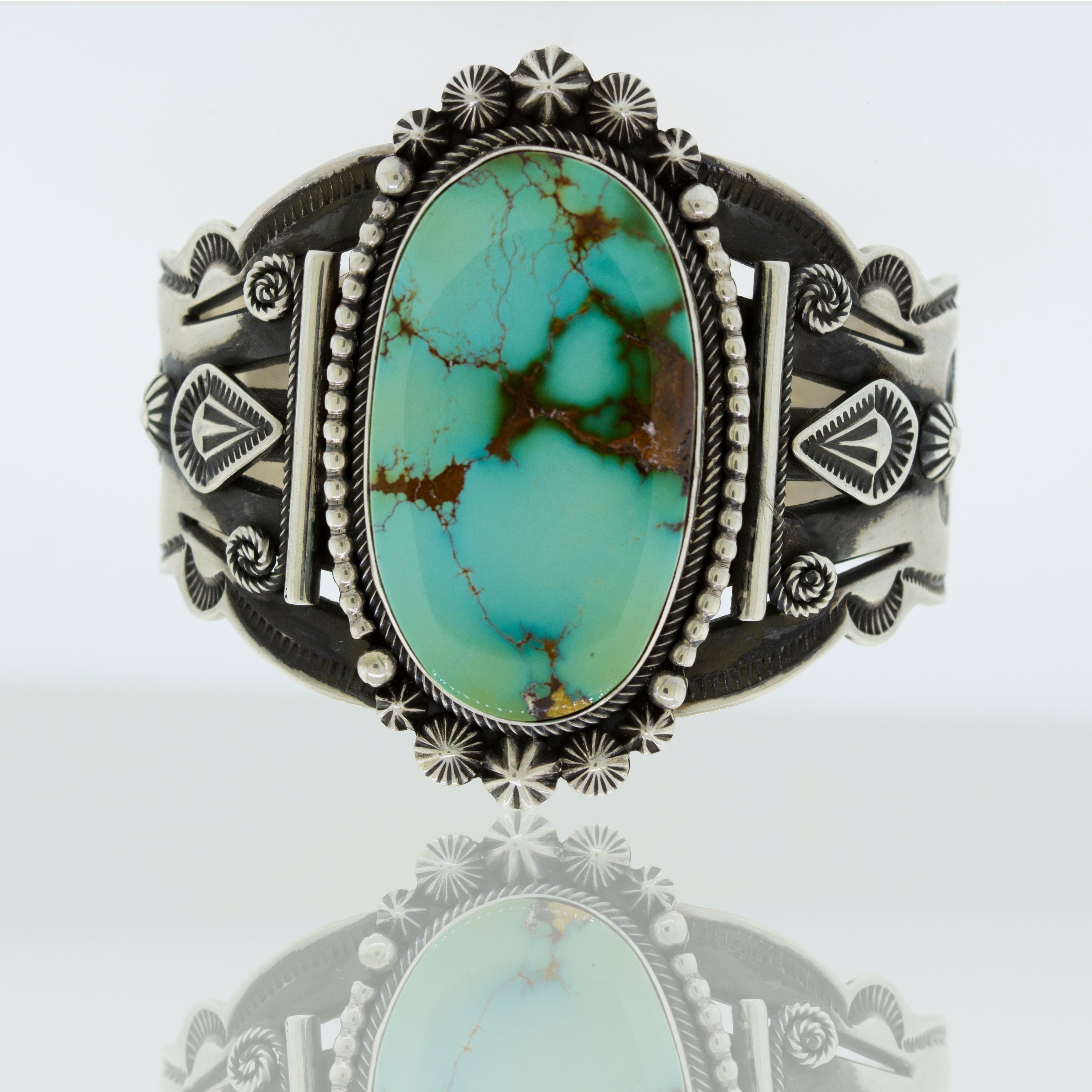 A Super Silver handmade Royston turquoise cuff bracelet.
