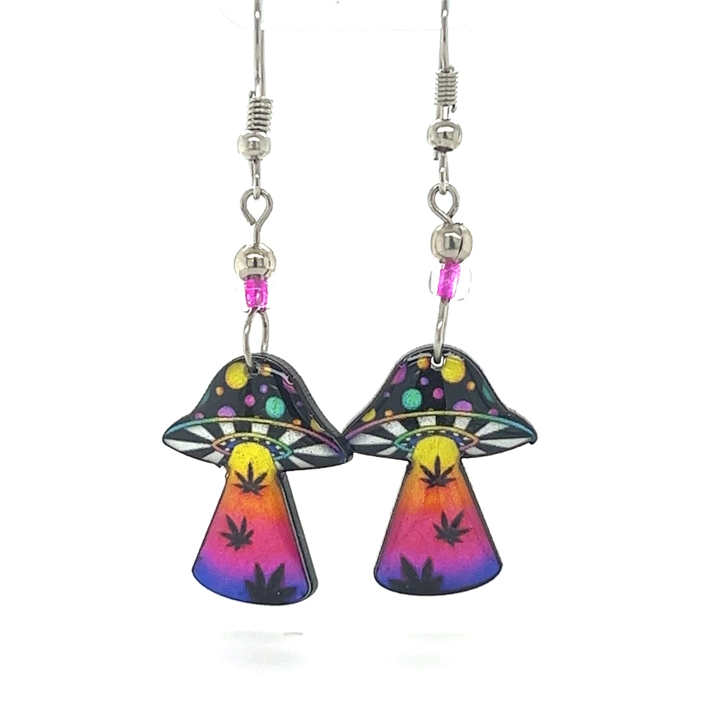 
                  
                    A pair of Trippy Acrylic Mushroom Earrings with vibrant hues by Super Silver.
                  
                