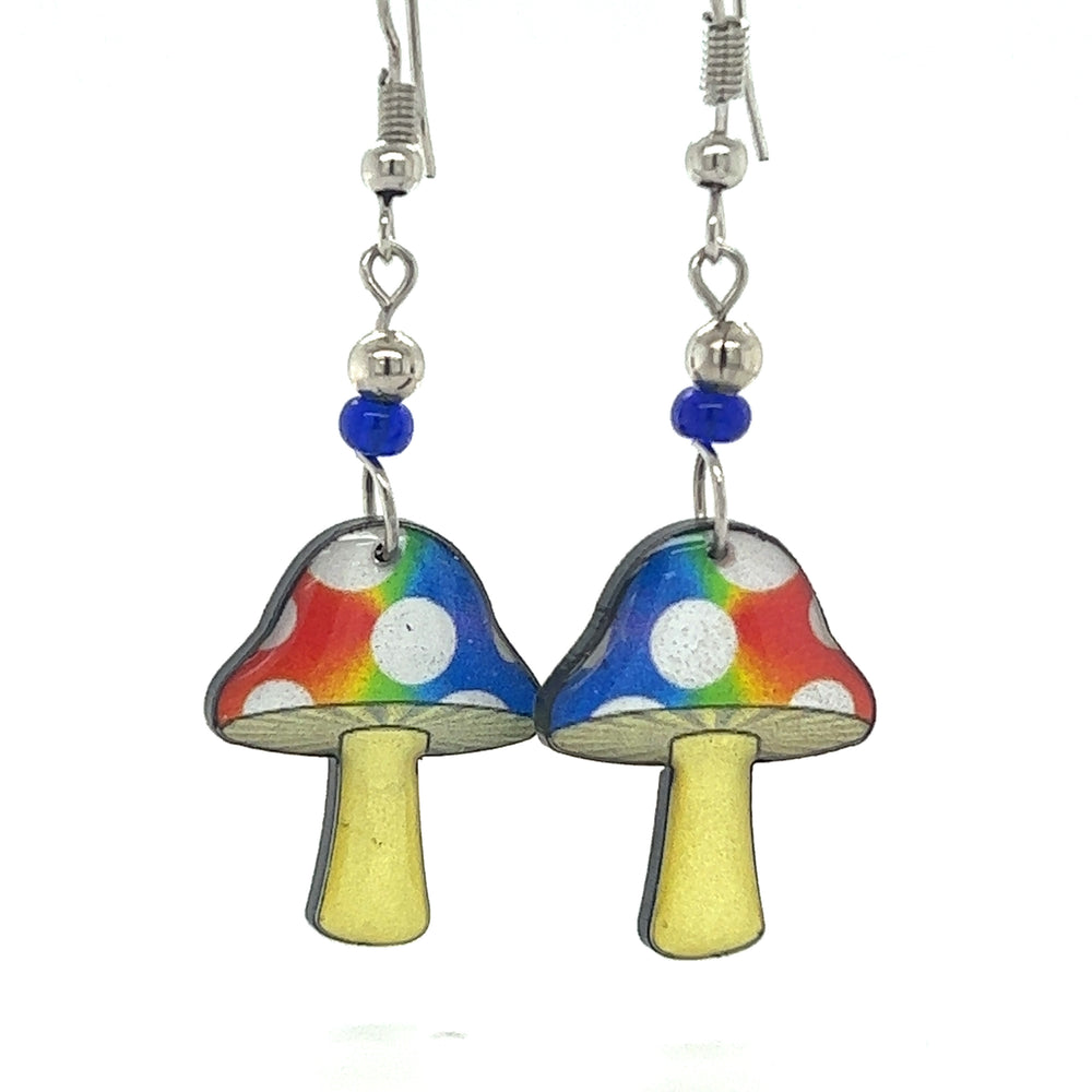 
                  
                    A pair of Super Silver Trippy Acrylic Mushroom Earrings featuring vibrant hues on a silver-plated earring hook.
                  
                