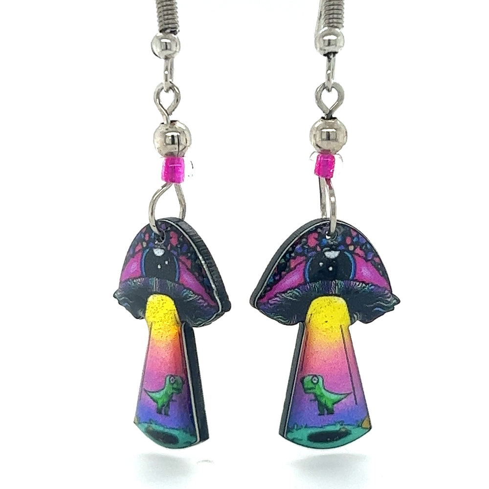 
                  
                    A pair of vibrant, Trippy Acrylic Mushroom earrings from the Super Silver brand.
                  
                