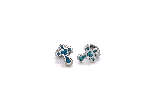 A pair of Super Silver "Turquoise Cross Stud with Heart in Center" earrings.