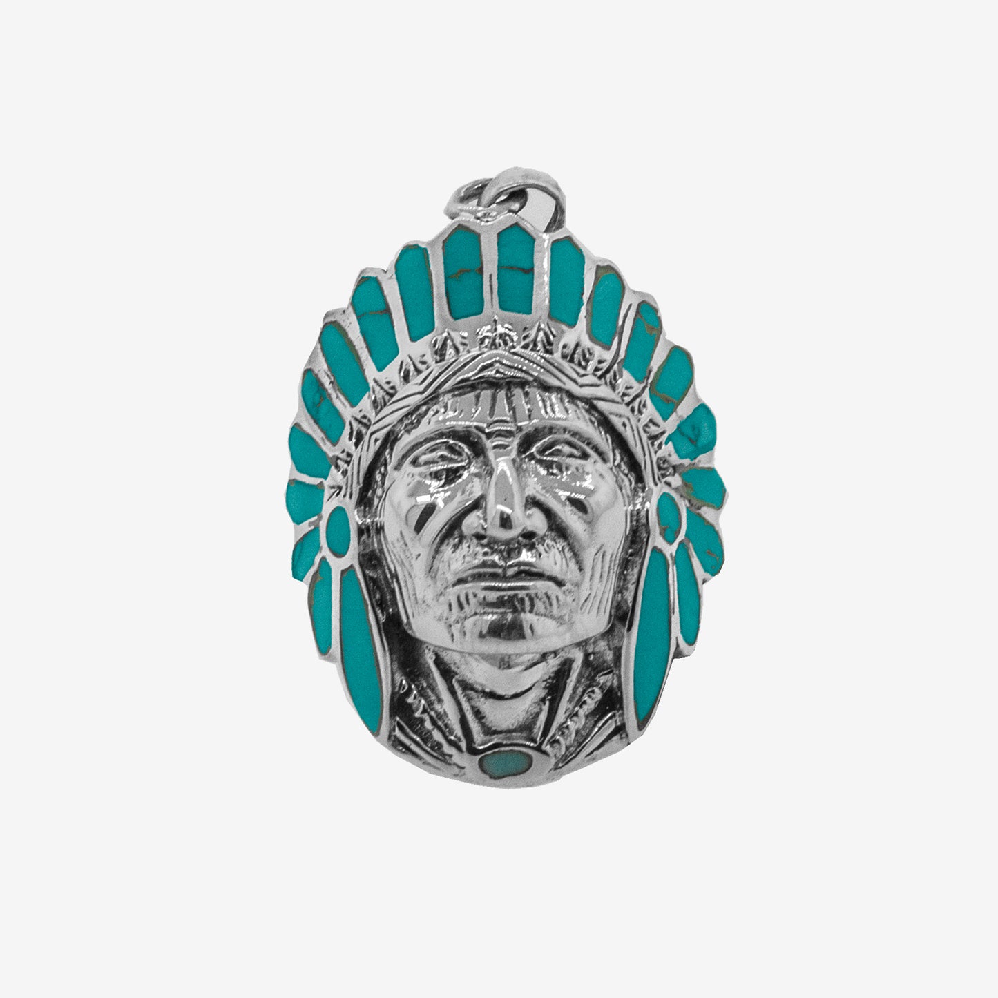 
                  
                    A Chief Pendant With Turquoise Stones, from Super Silver, inspired by Native Americans and featuring an indian head, making a bold statement.
                  
                