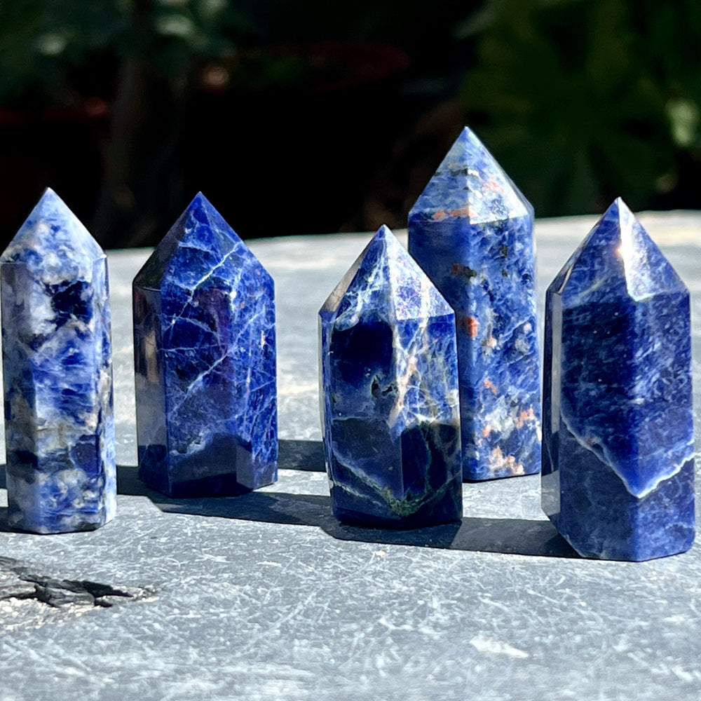 A group of Sodalite Obelisks on a table.