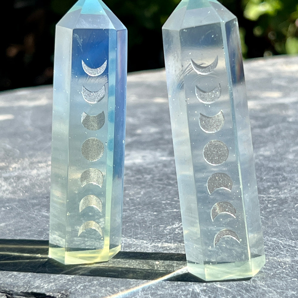 A celestial pair of Opalite Obelisks with Moon Phases engraved.
