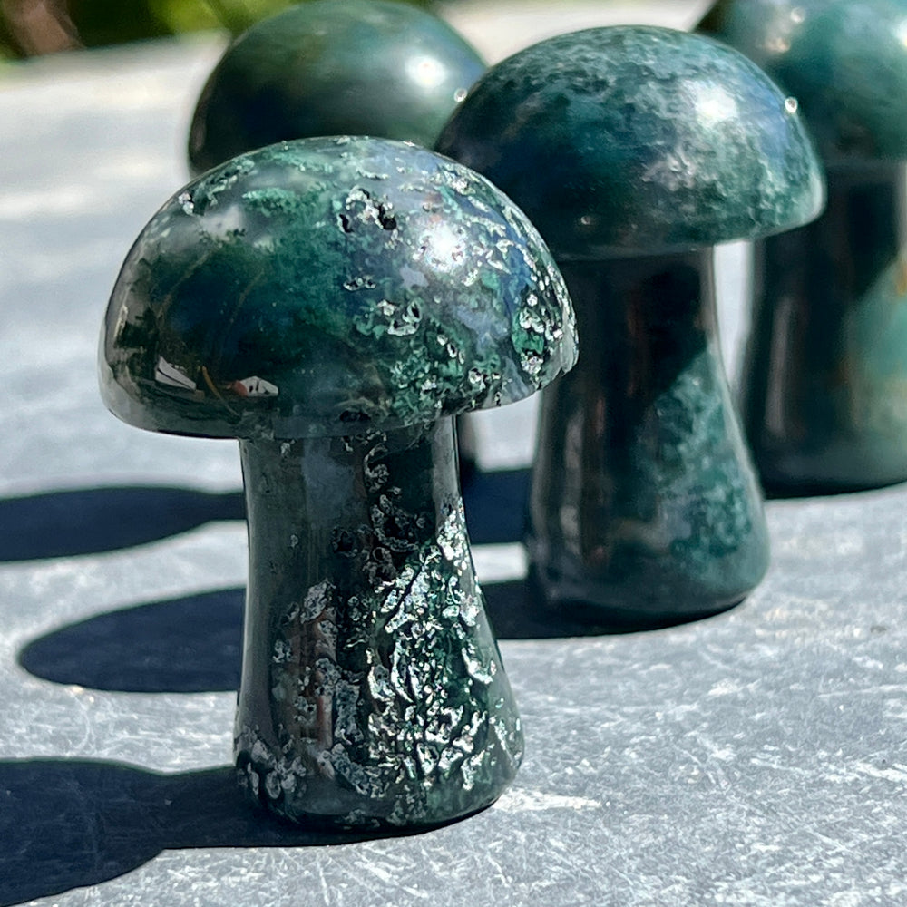 
                  
                    Four Moss Agate Mushrooms sitting on top of a stone table.
                  
                