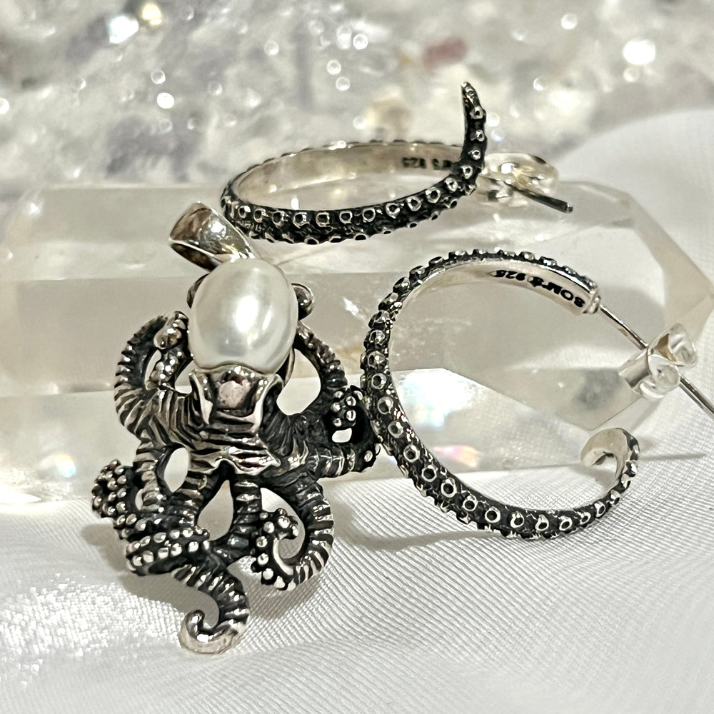 Super Silver's Handcrafted Octopus Tentacle Hoops with an oxidized finish, handmade in sterling silver.