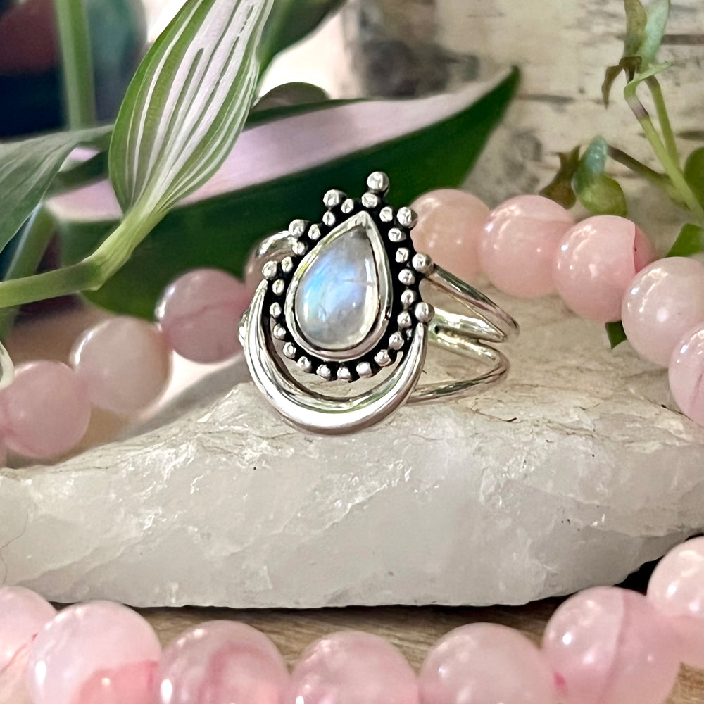 
                  
                    An enchanting Online Only Exclusive Teardrop Moonstone Ring featuring a crescent moon design, available for purchase at our Super Silver online store.
                  
                