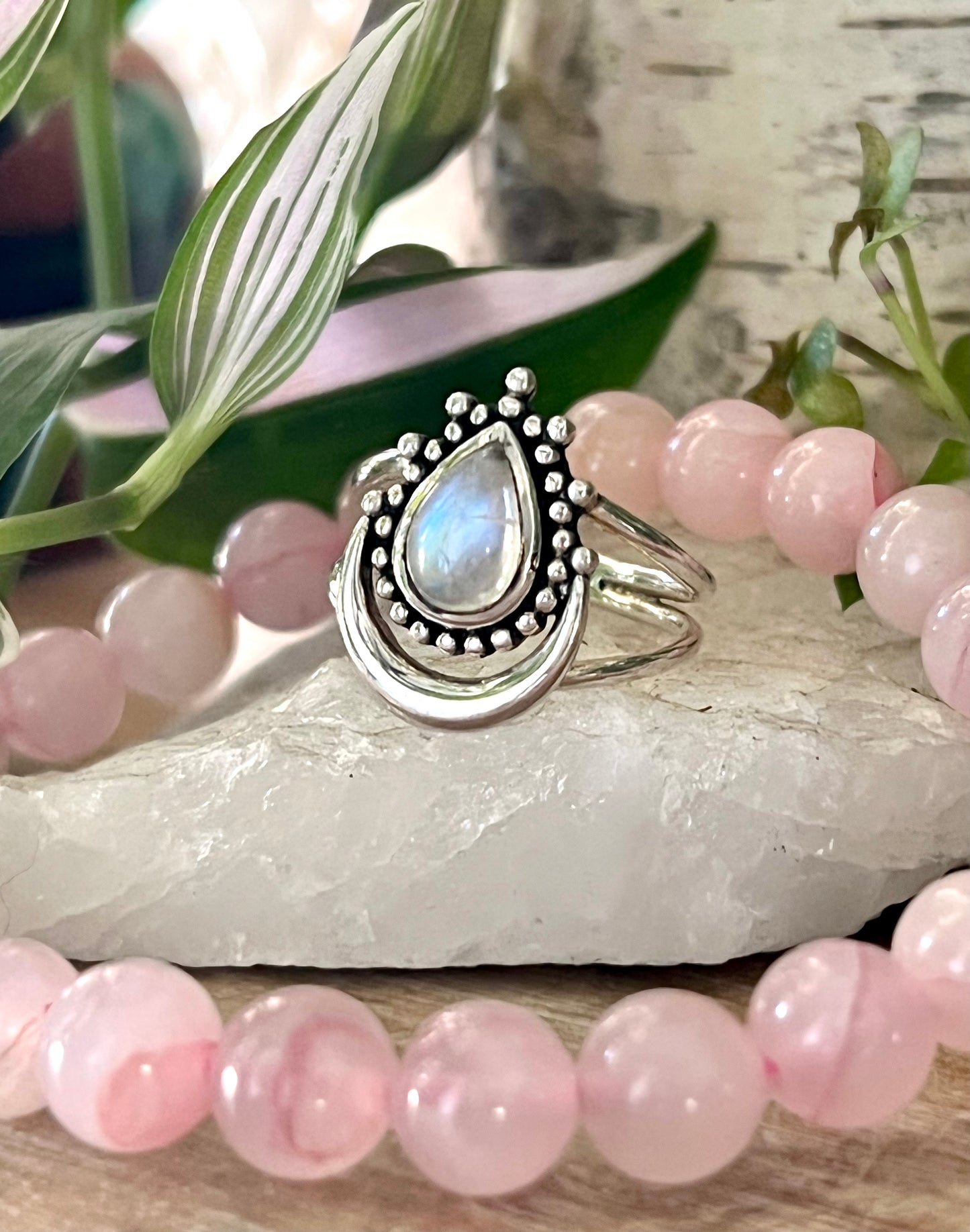 
                  
                    An enchanting Online Only Exclusive Teardrop Moonstone Ring featuring a crescent moon design, available for purchase at our Super Silver online store.
                  
                