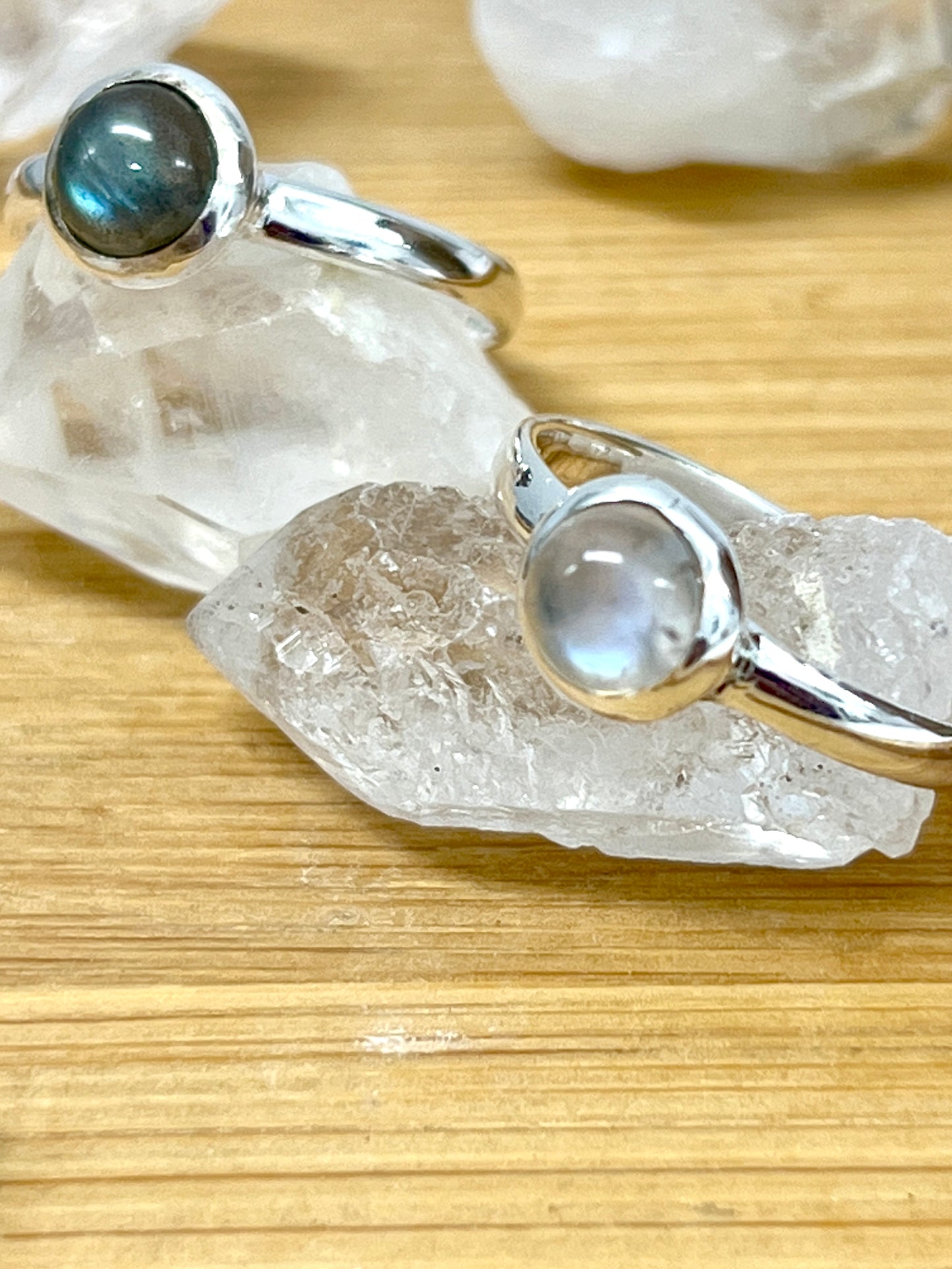 
                  
                    Simple Moonstone and Labradorite Stacking Ring by Super Silver in sterling silver.
                  
                
