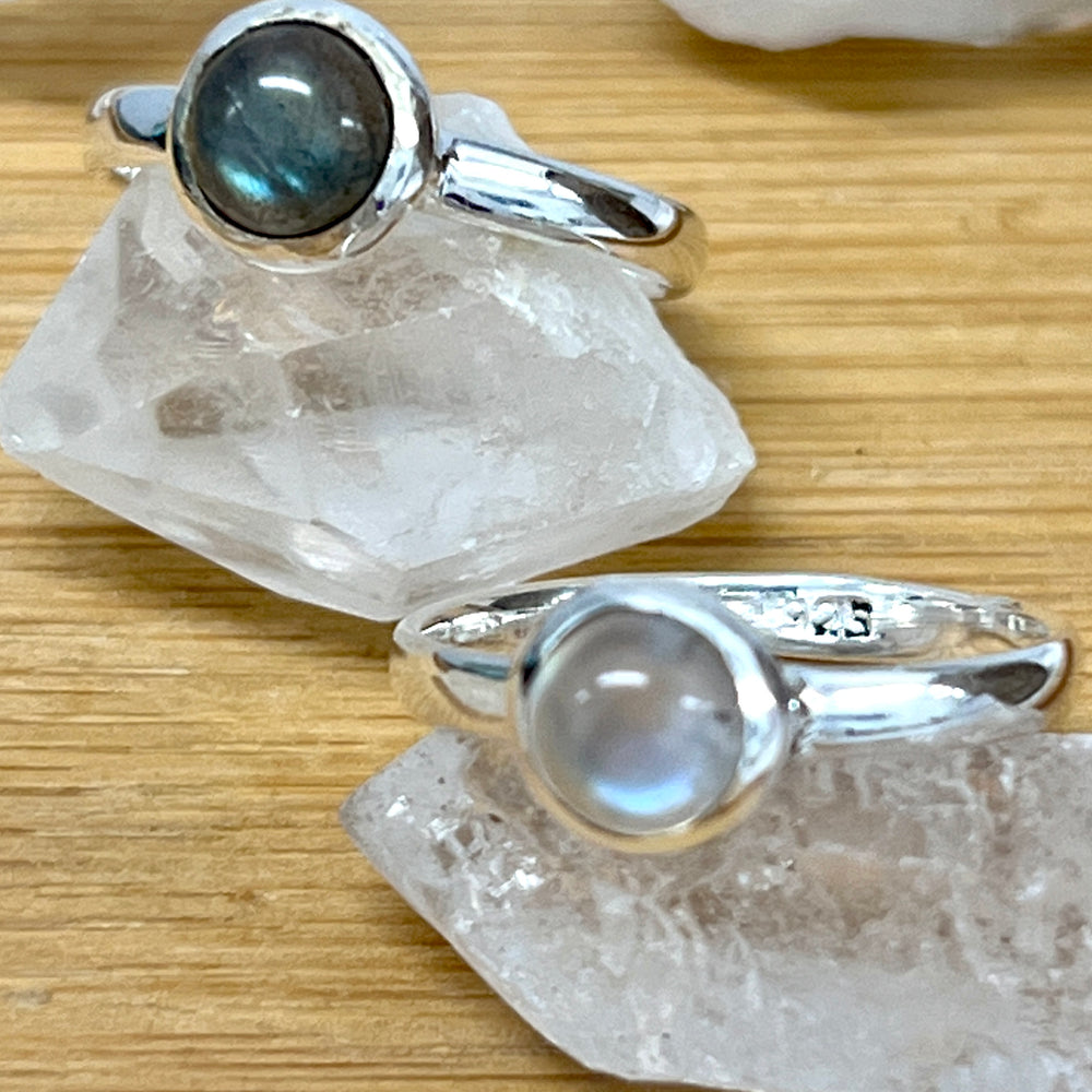 
                  
                    Simple Moonstone and Labradorite Stacking Ring by Super Silver.
                  
                