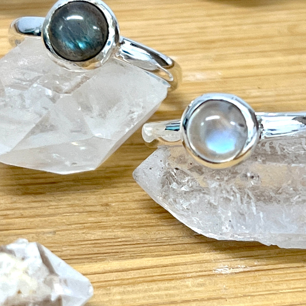 
                  
                    Simple Moonstone and Labradorite Stacking Ring in sterling silver, featuring a stunning labradorite stone by Super Silver.
                  
                
