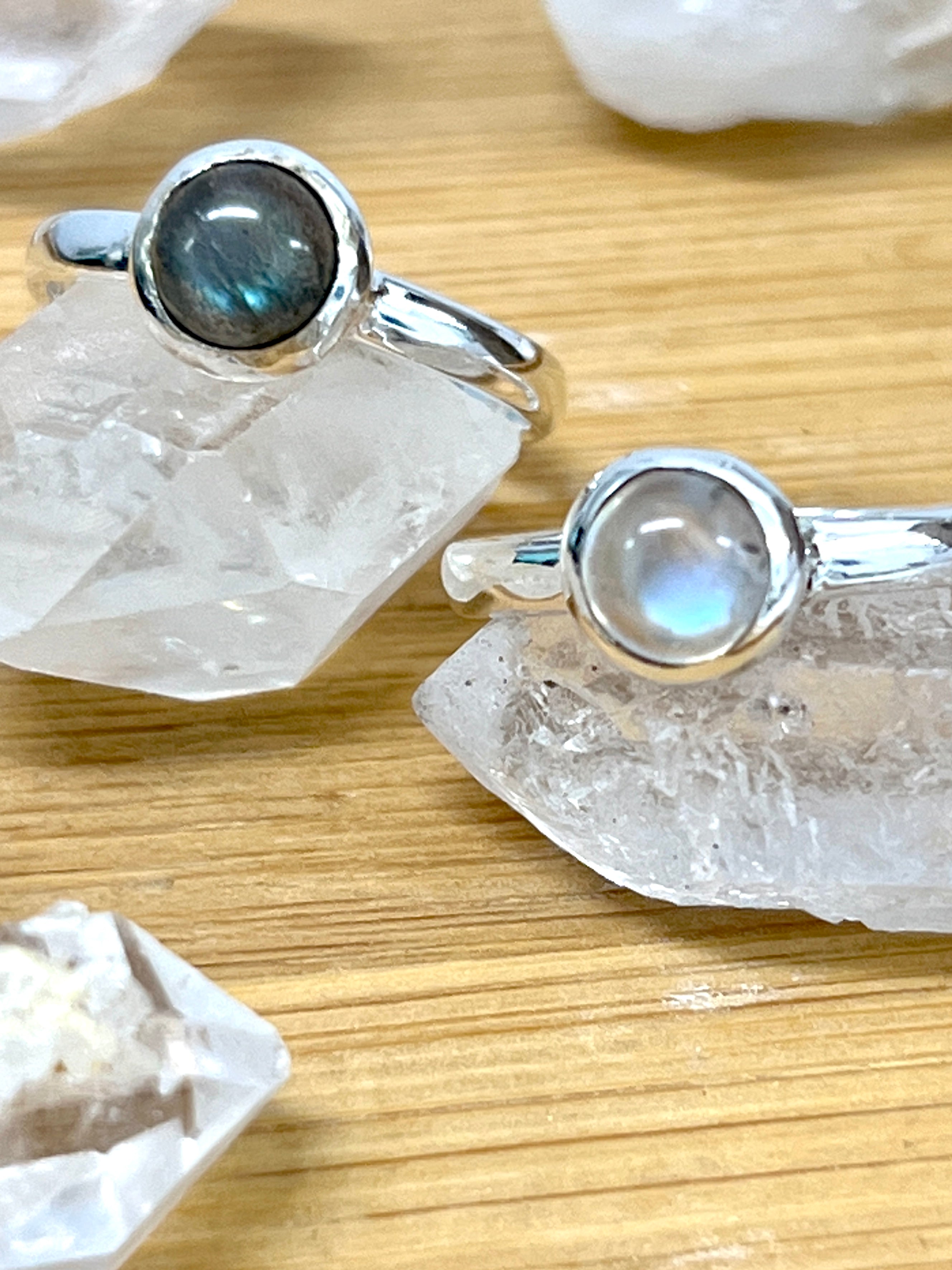 Simple Moonstone and Labradorite Stacking Ring in sterling silver, featuring a stunning labradorite stone by Super Silver.