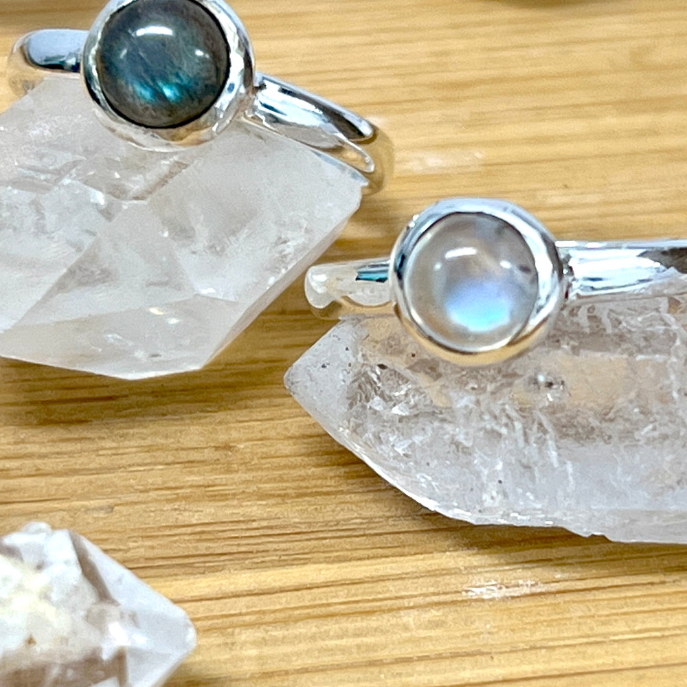 
                  
                    Simple Moonstone and Labradorite Stacking Ring from Super Silver in sterling silver.
                  
                
