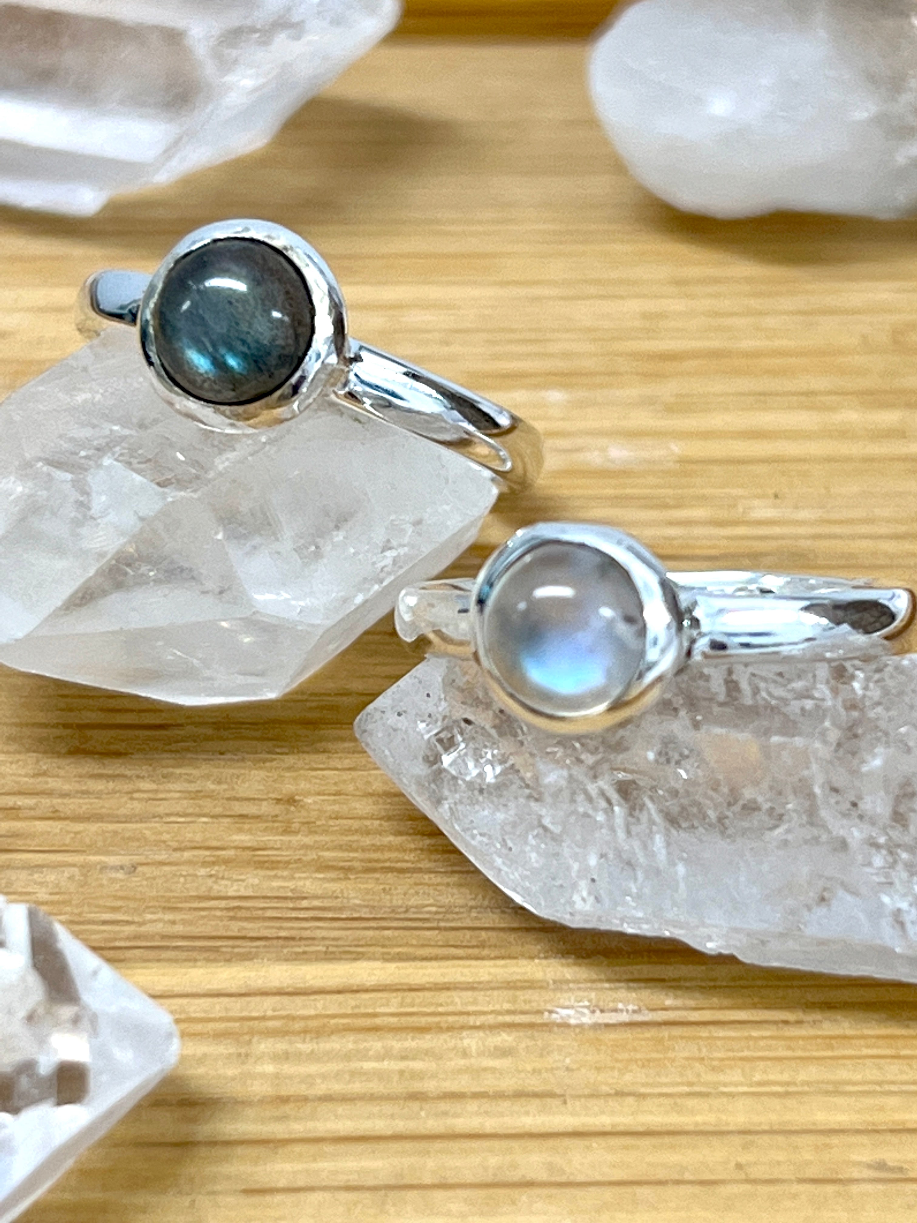Two Simple Moonstone and Labradorite Stacking Rings featuring labradorite on top, from Super Silver.