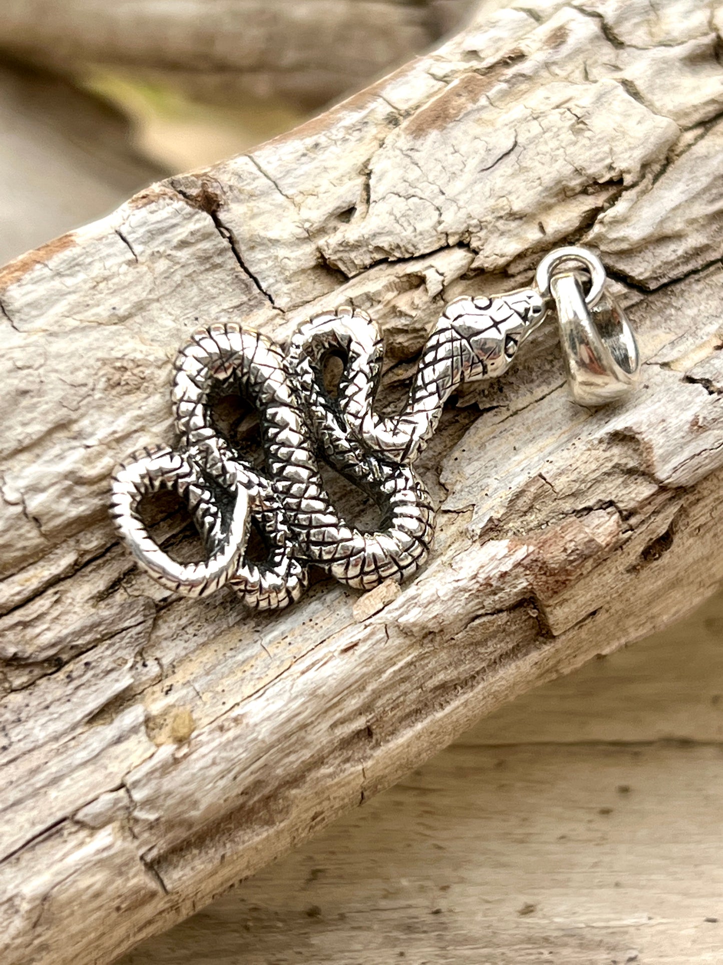 
                  
                    An Artisan Snake Pendant from Super Silver on a piece of wood.
                  
                
