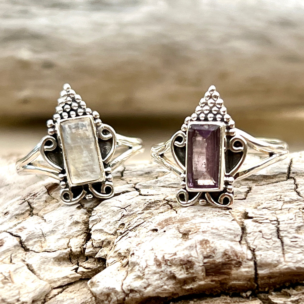 Two Super Silver Bohemian Princess Rings with an amethyst stone on top.