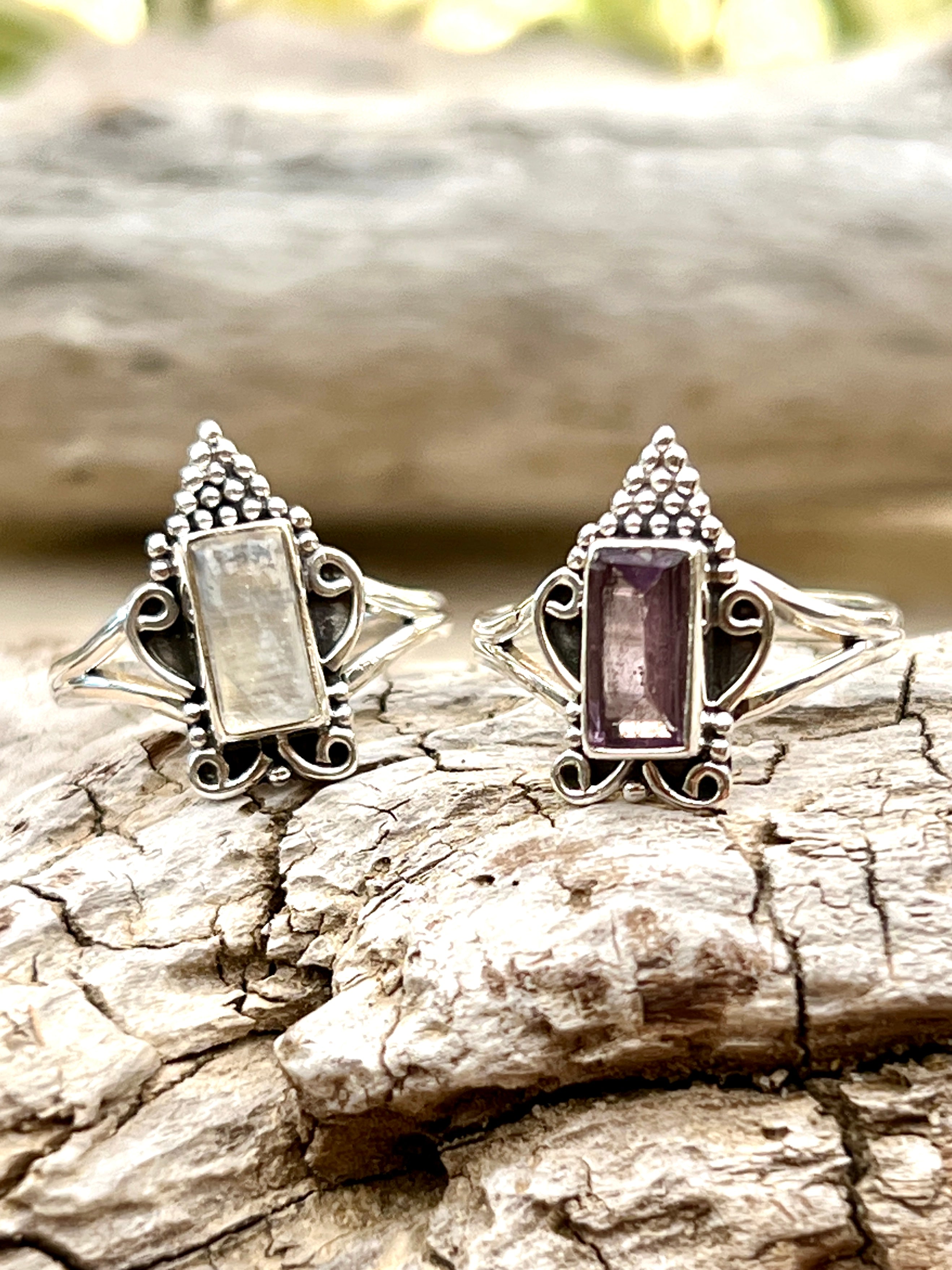 Two Super Silver Bohemian Princess Rings with an amethyst stone on top.