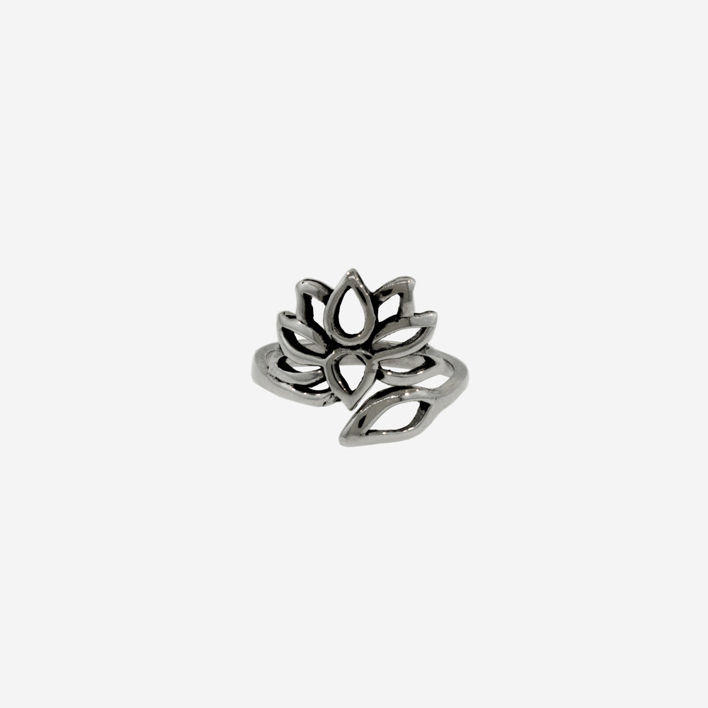 A final sale, Wrap Around Adjustable Lotus Flower Ring from Super Silver on a white background.