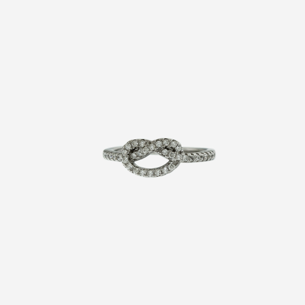 A Cubic Zirconia Pretzel Knot Ring with diamonds.