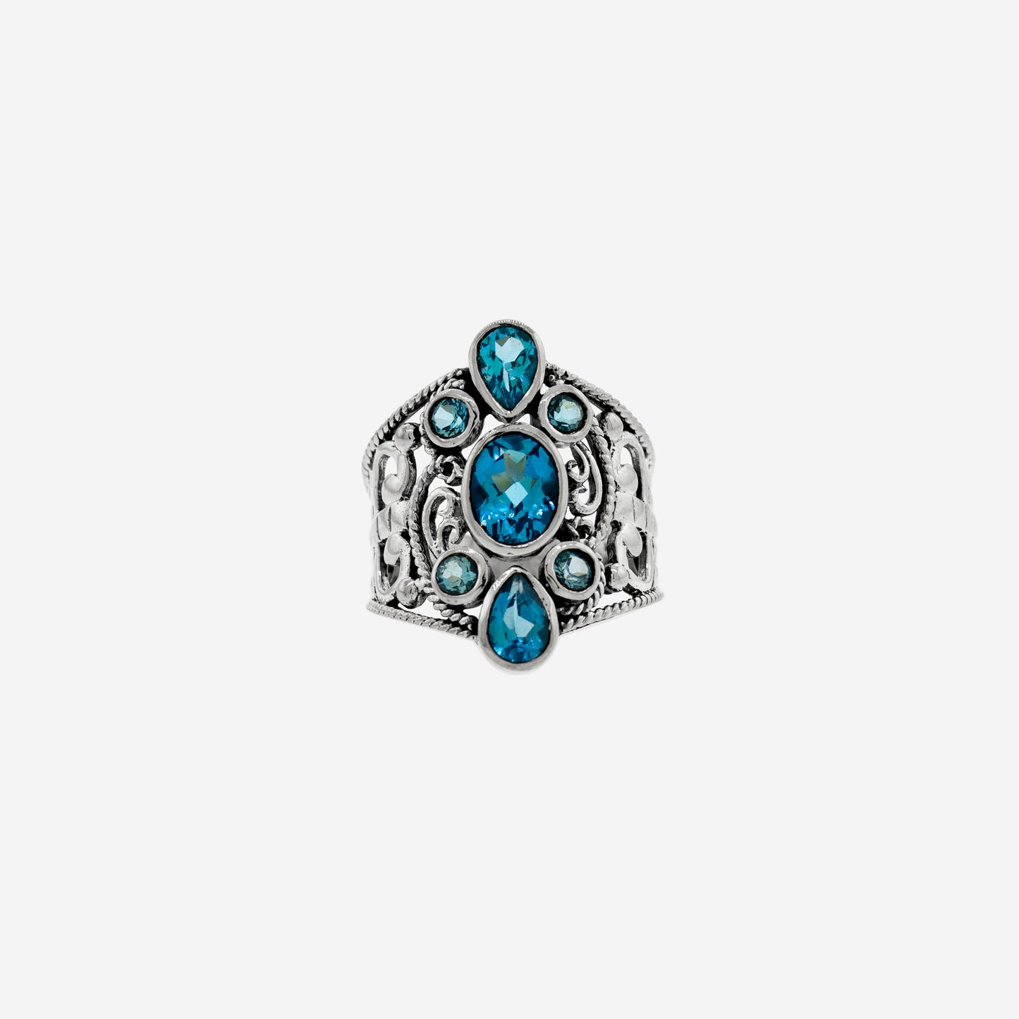A Various Beautiful Stone Ring with Filigree Cutout adorned with beautiful blue topaz stones from Super Silver.