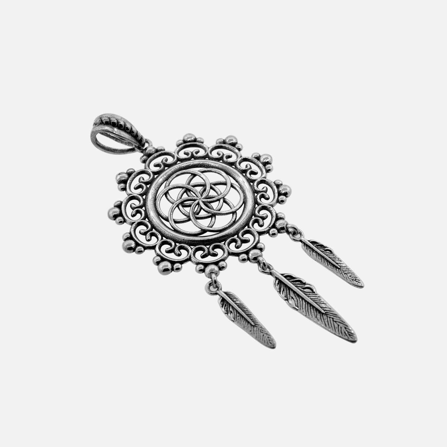 
                  
                    A long and wide Flower of Life Mandala pendant with feathers, made of .925 Sterling Silver, by Super Silver.
                  
                