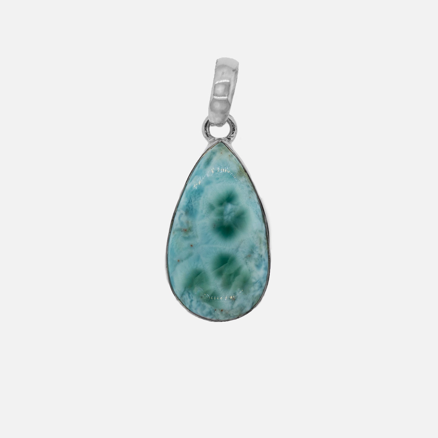 A Super Silver Larimar Teardrop Pendant with a shine on a white background.