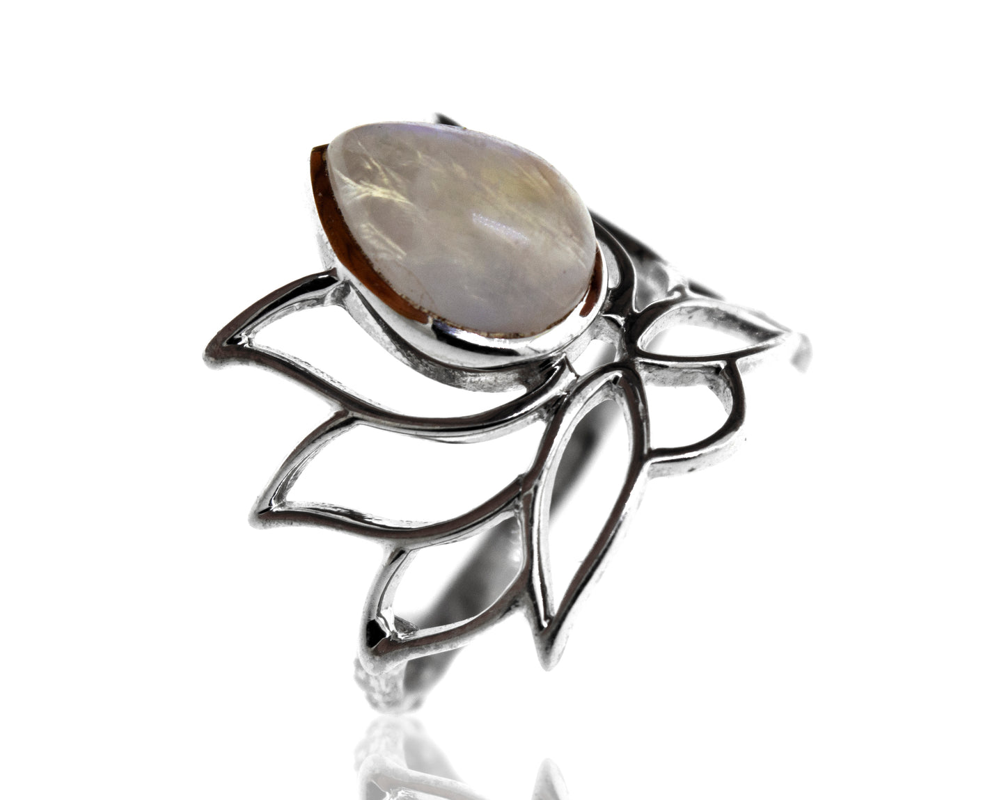 
                  
                    A Super Silver sterling silver ring adorned with a beautiful Online Only Exclusive Moonstone Lotus Ring.
                  
                