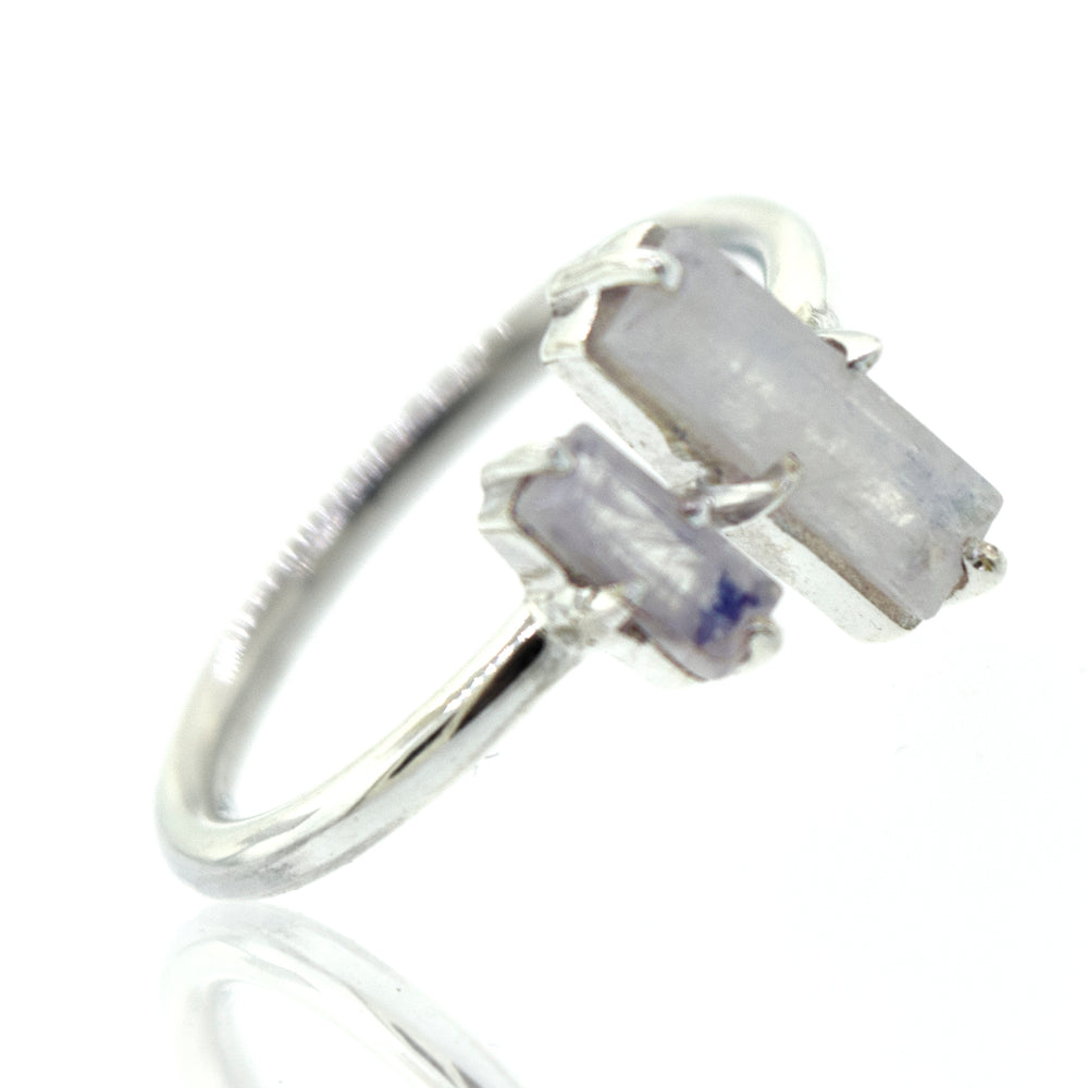 
                  
                    A Super Silver Online Only Exclusive Adjustable Moonstone Ring with a blue moonstone and white crystals.
                  
                