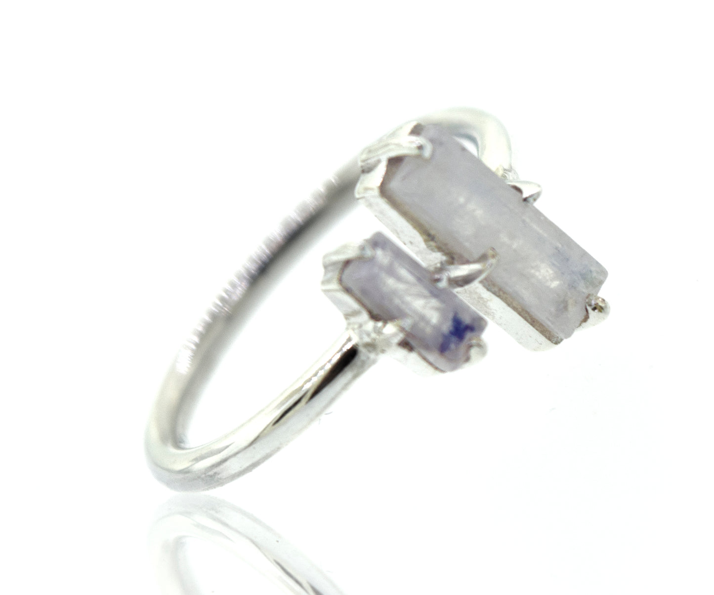 
                  
                    A Super Silver Online Only Exclusive Adjustable Moonstone Ring with a blue moonstone and white crystals.
                  
                