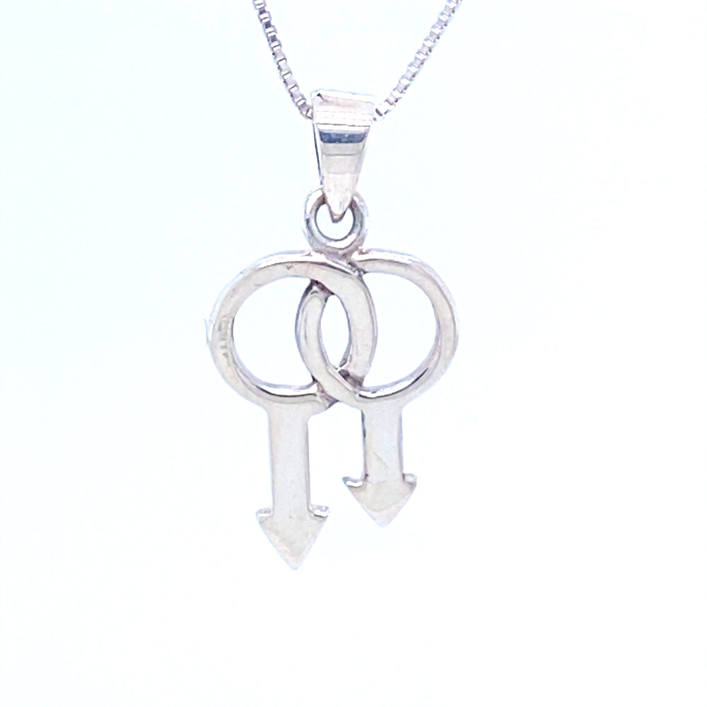 An interlocking Double Mars Charm pendant with male and female symbols on a Super Silver necklace.