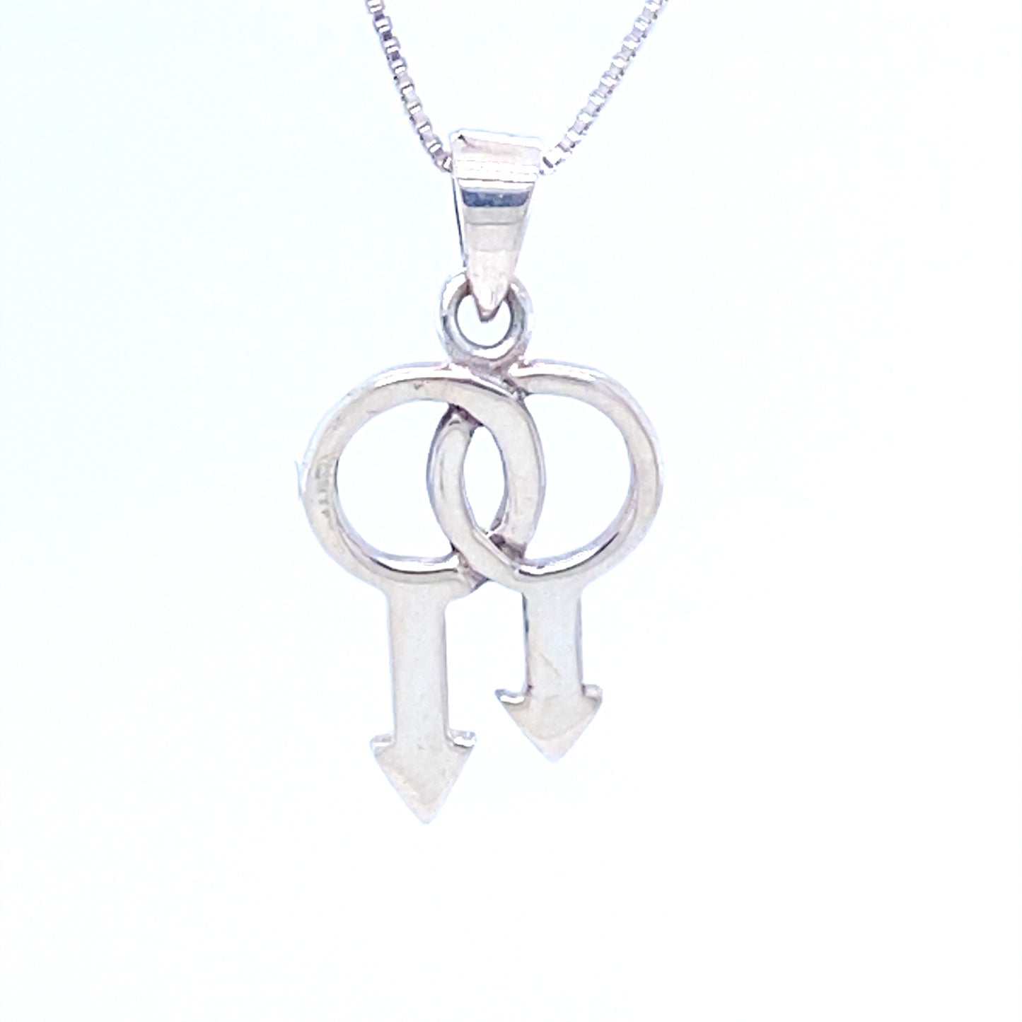 An interlocking Double Mars Charm pendant with male and female symbols on a Super Silver necklace.