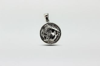 This Super Silver .925 Sterling Silver Buffalo Coin Charm showcases an antique buffalo coin with a horse image.