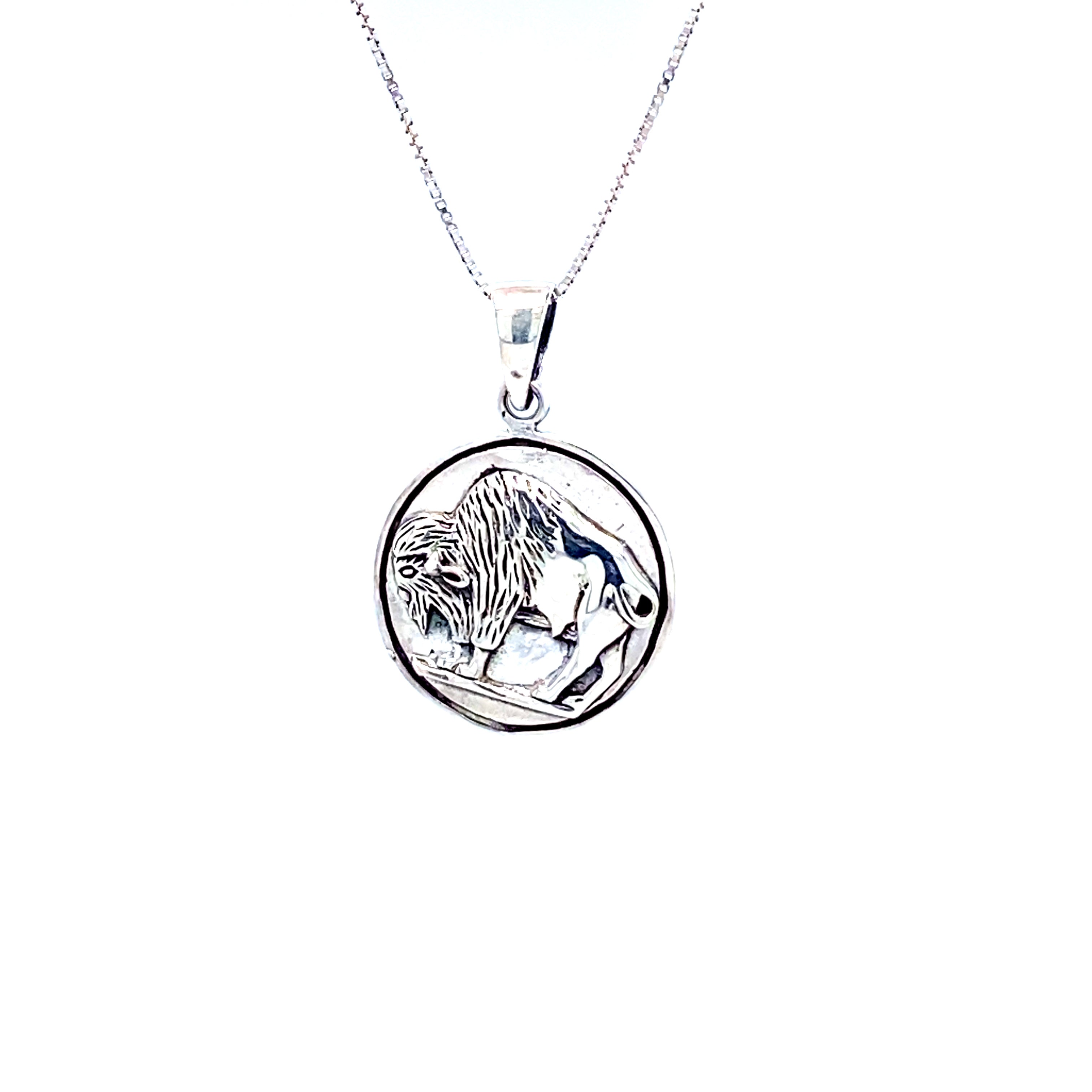 A Super Silver Buffalo Coin Charm necklace with a lion on it.