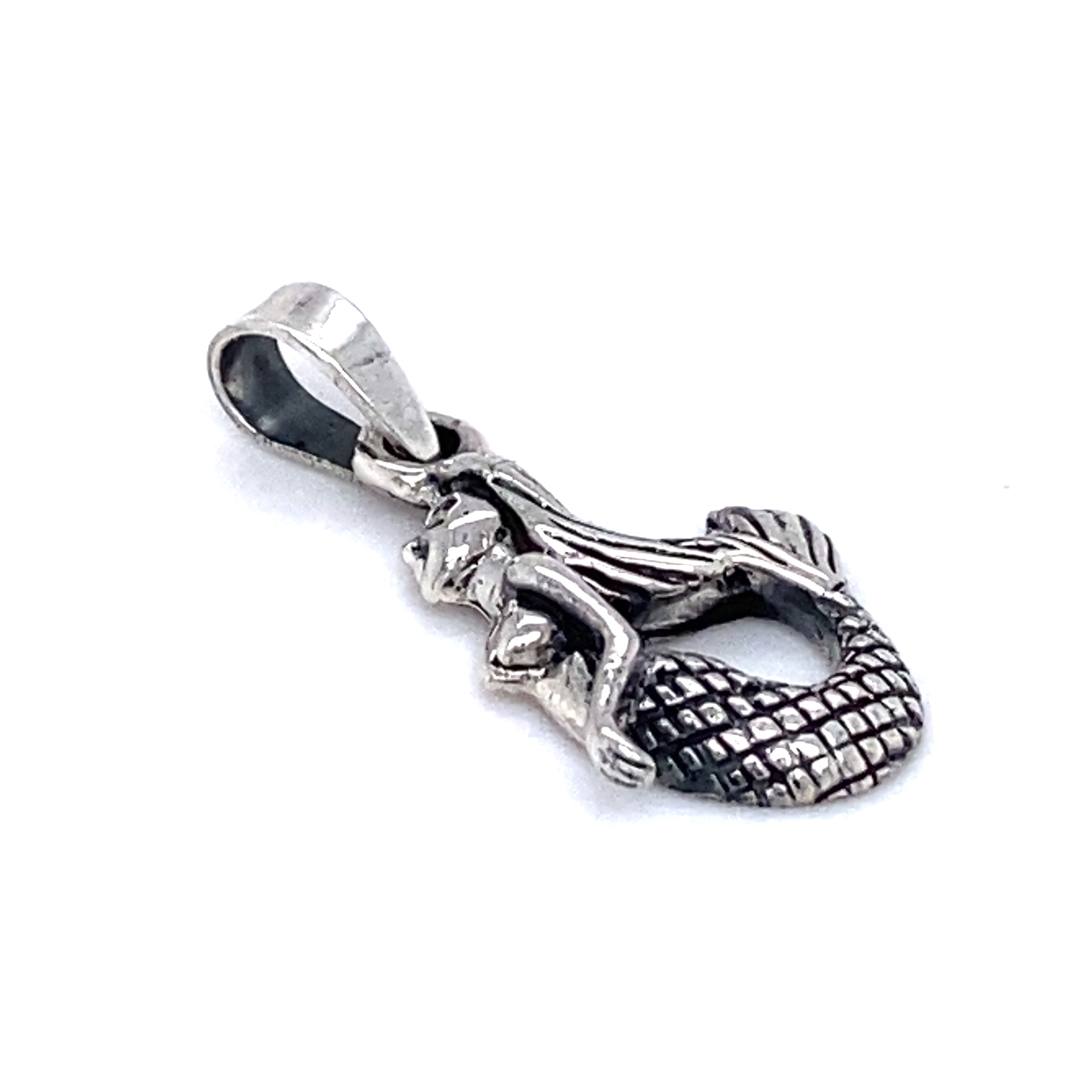 A Small Majestic Mermaid Pendant necklace on a white background, perfect for ocean lovers. (Brand: Super Silver)