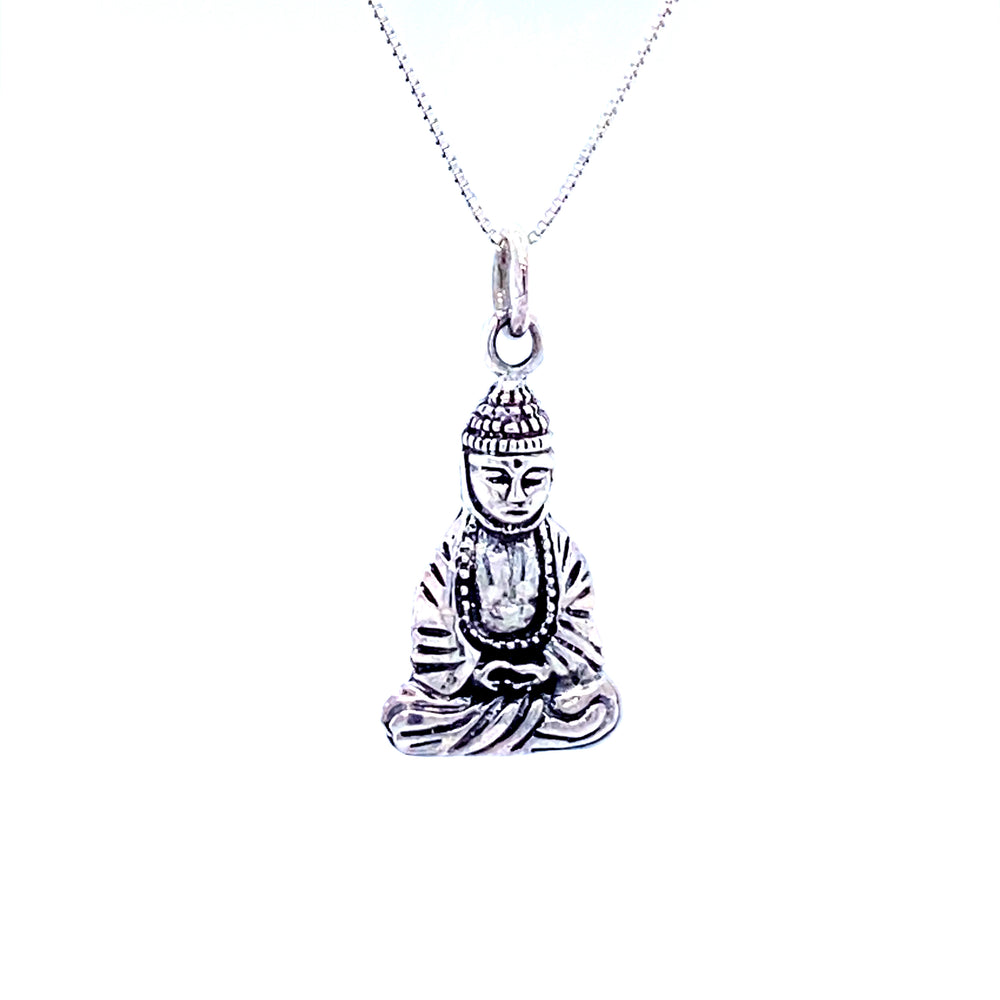 
                  
                    A Meditating Gautama Buddha Charm pendant on a chain for meditation, made by Super Silver.
                  
                