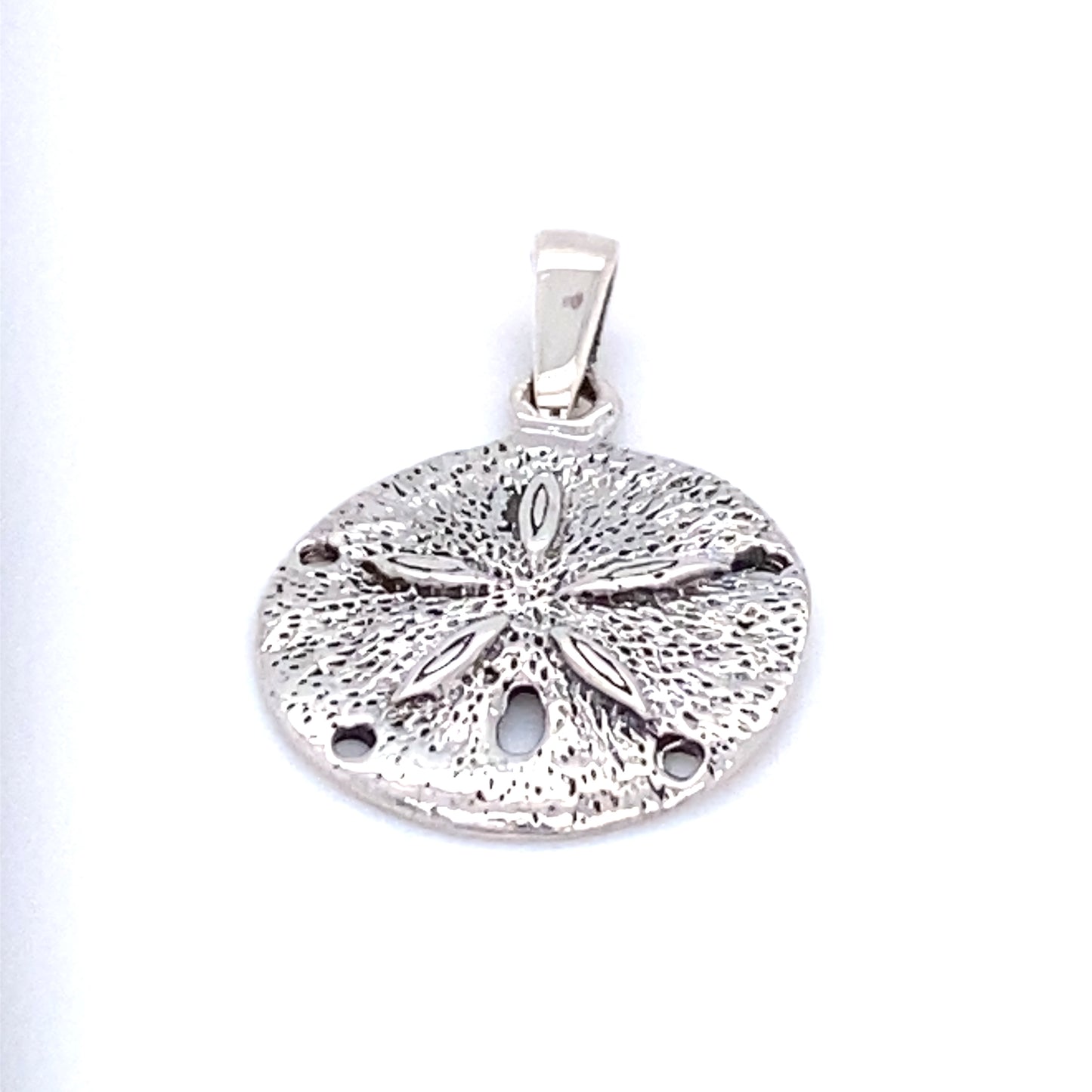 
                  
                    A beach lover's Super Silver small sand dollar pendant on a white background.
                  
                