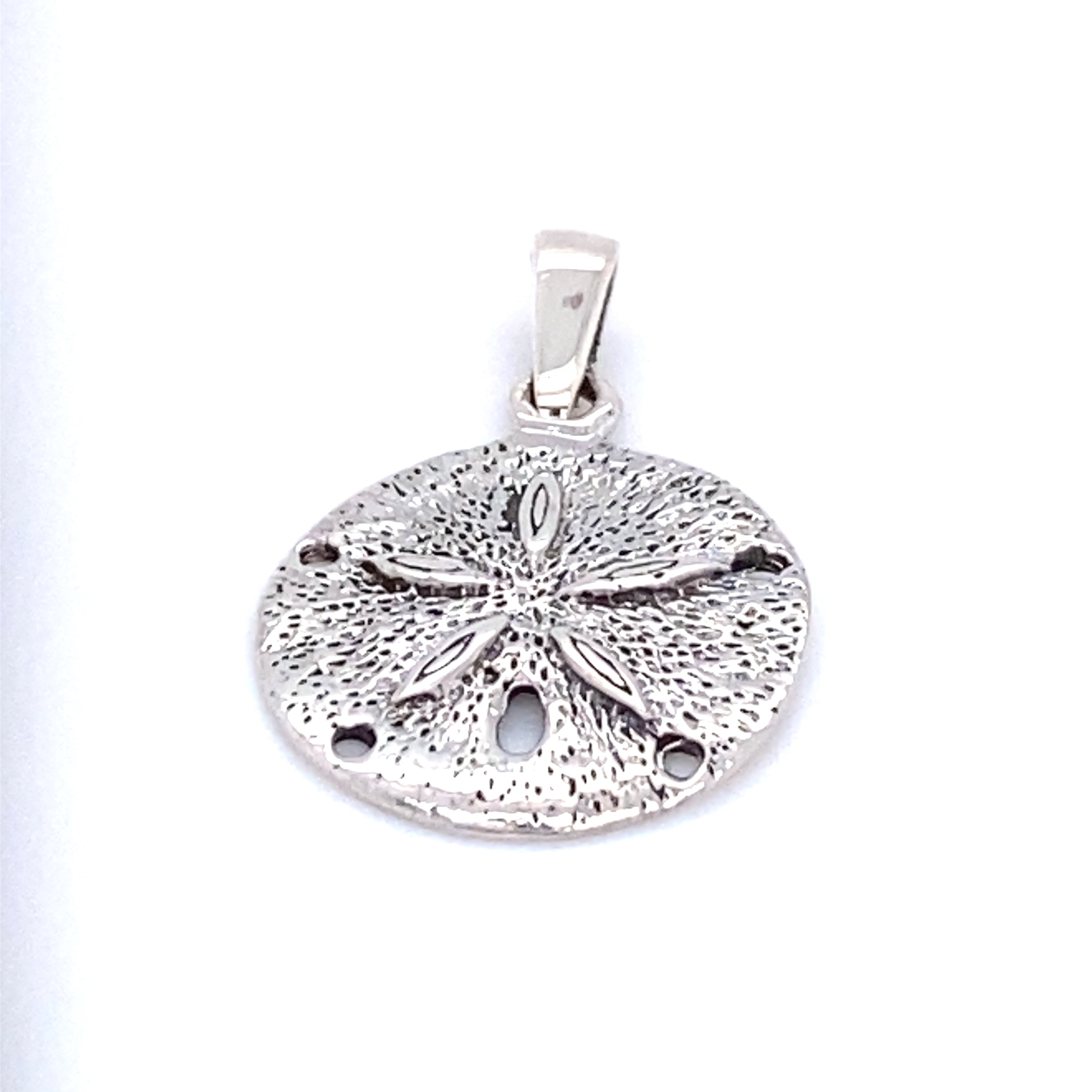 A beach lover's Super Silver small sand dollar pendant on a white background.