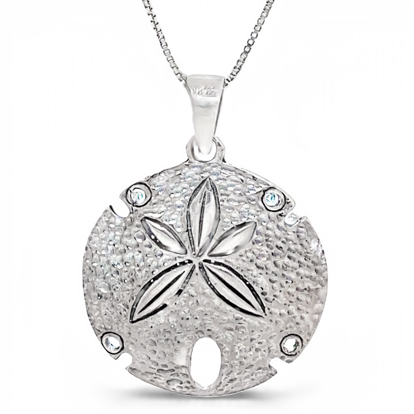 A Super Silver Sand Dollar Pendant With Textured Surface on a chain, radiating ocean elegance.