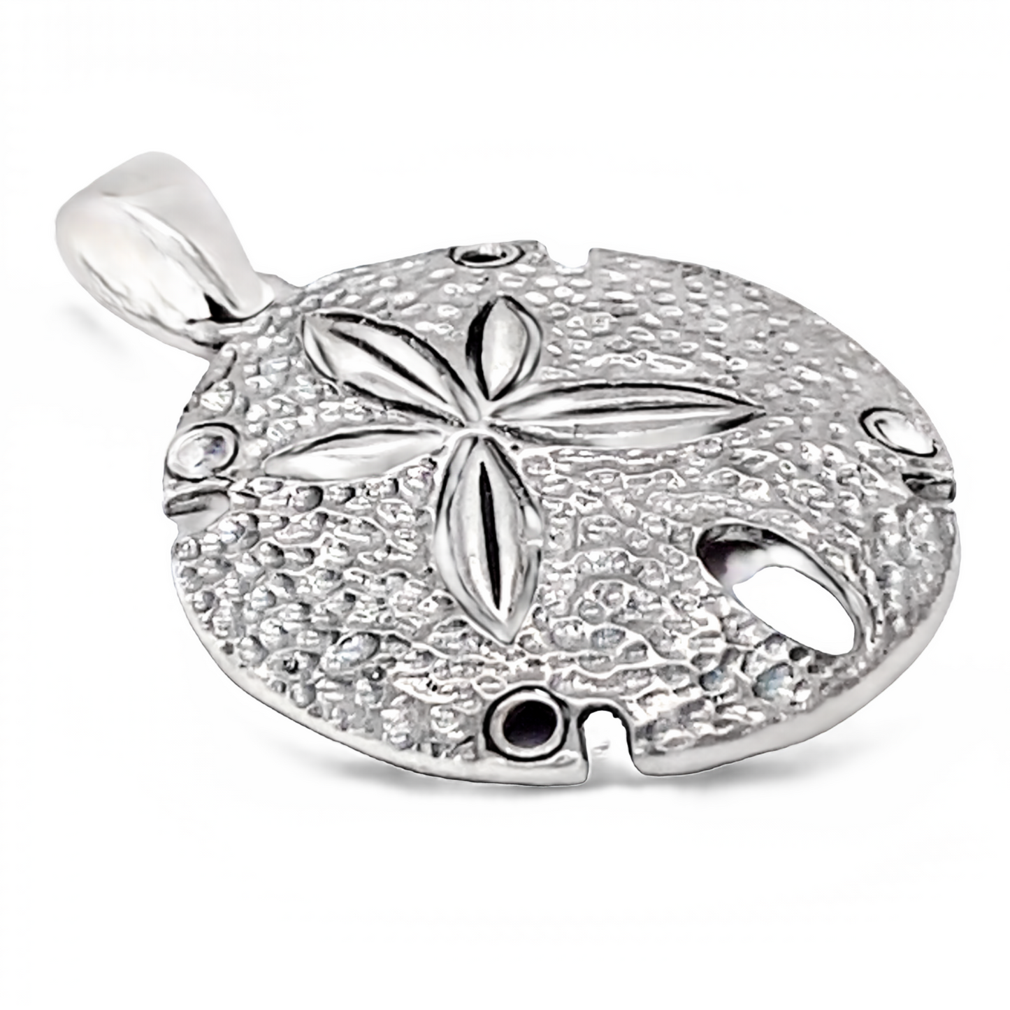 An Super Silver sand dollar pendant with a textured surface on a white background.