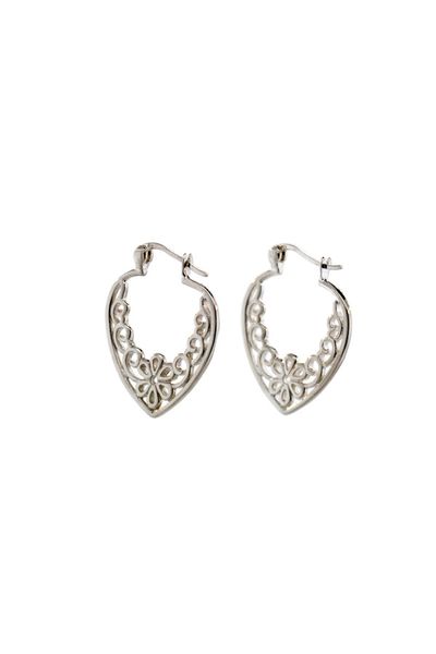 A pair of Super Silver Heart Shaped Hoop earrings with filigree and a flower design.
