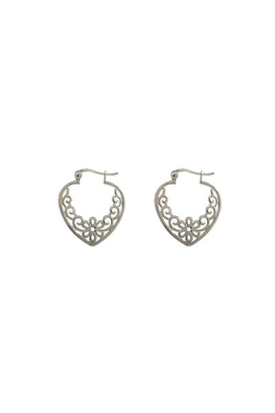 A pair of Heart Shaped Hoop earrings from Super Silver with a filigree design.