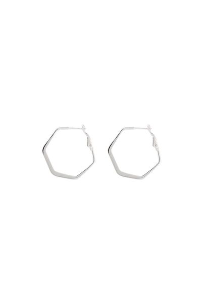 
                  
                    A pair of Small Flat Hexagon Hinged Hoops by Super Silver with a simple design displayed on a white background.
                  
                