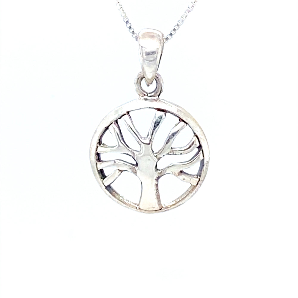 A Super Silver pendant featuring a Small Round Tree of Life on a delicate chain.