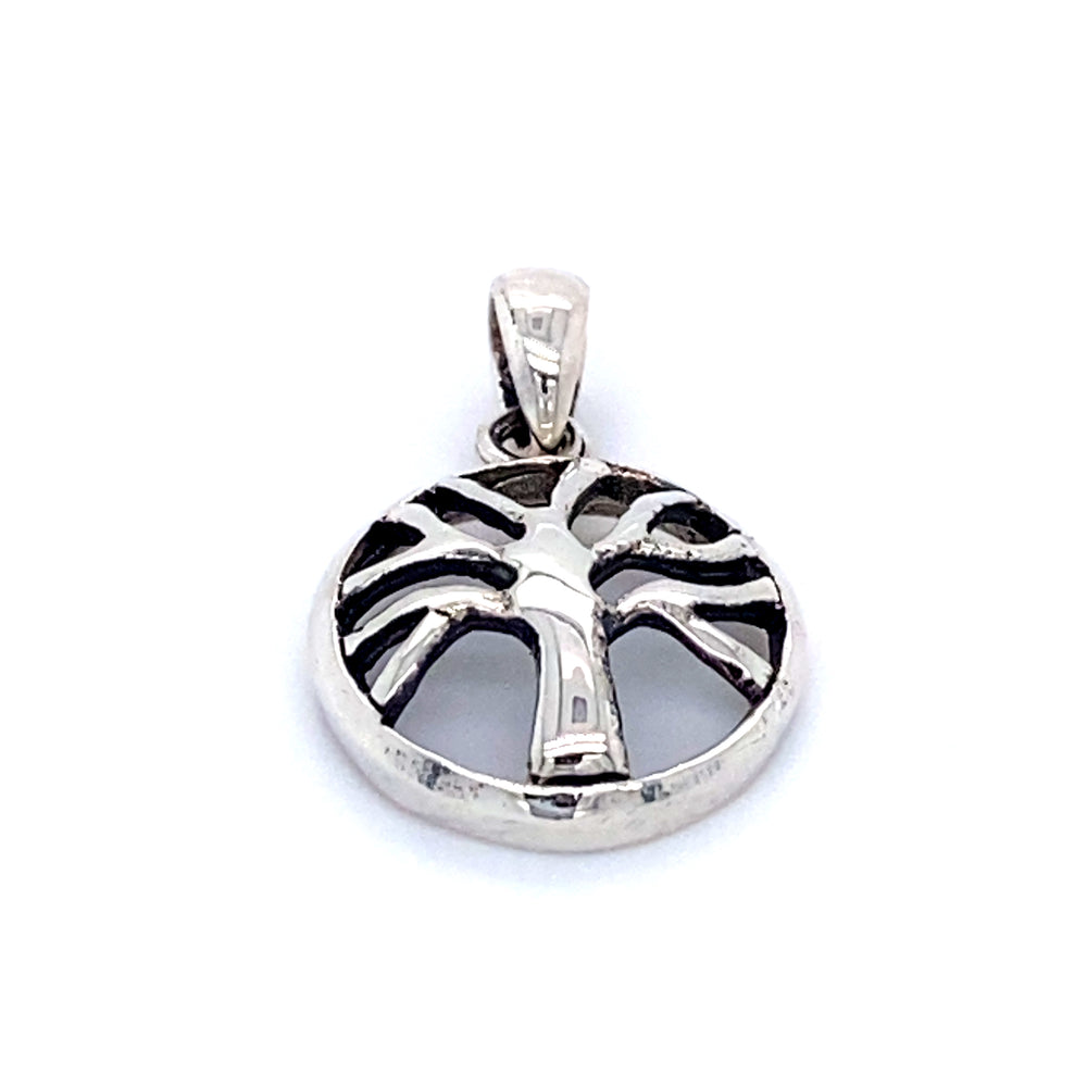 
                  
                    A Super Silver Small Round Tree of Life Pendant on a white background, symbolizing nature's beauty.
                  
                