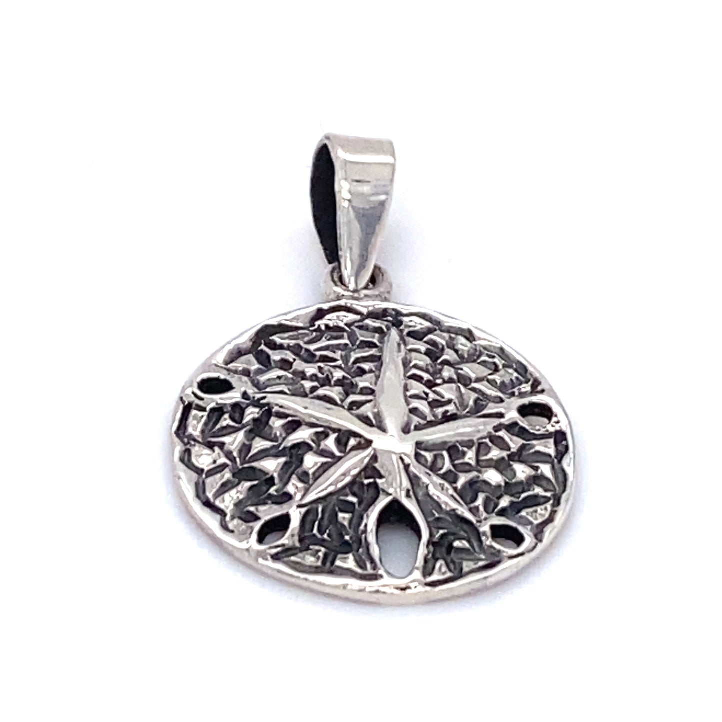 A beach lover's dream pendant featuring a stunning Sand Dollar Pendant with Textured Finish crafted from .925 Sterling Silver, beautifully showcased on a pristine white background, brought to you by Super Silver.
