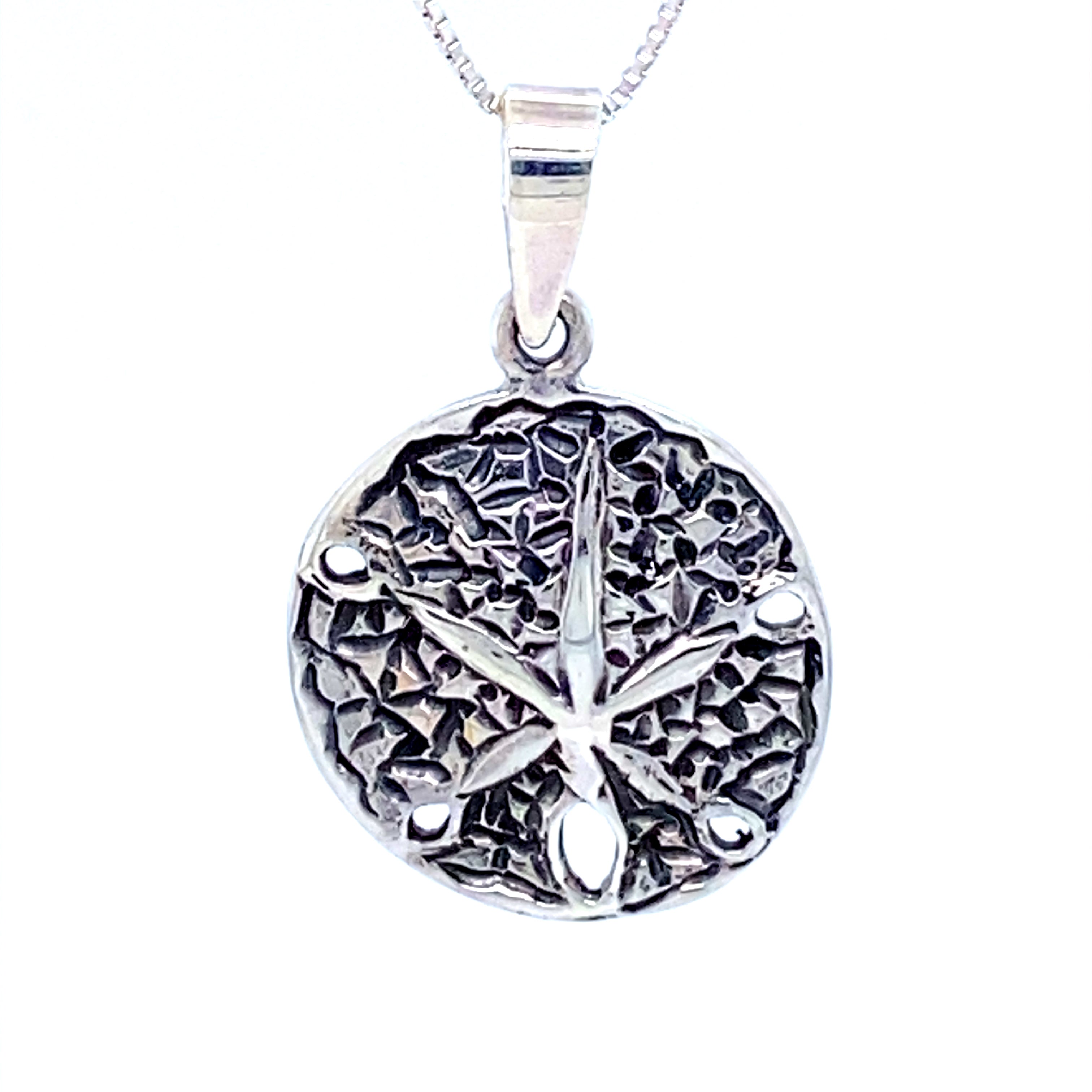 A beach lover's dream - a stunning Super Silver Sand Dollar Pendant with Textured Finish delicately hanging from a beautiful chain.