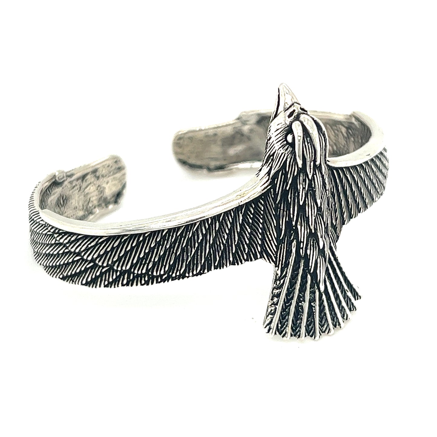A Super Silver Unique Raven Cuff bracelet, symbolizing the enchanting world of birds.