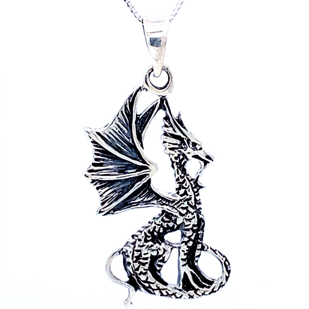 A Super Silver Mythical Dragon Pendant on a chain, featuring the enchanting mythical animal.
